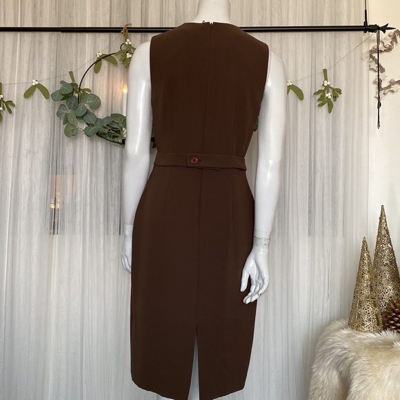 Sandra Angelozzi brown sheath career knee length, bow belt, neckline pleats 36 - Picture 2 of 11